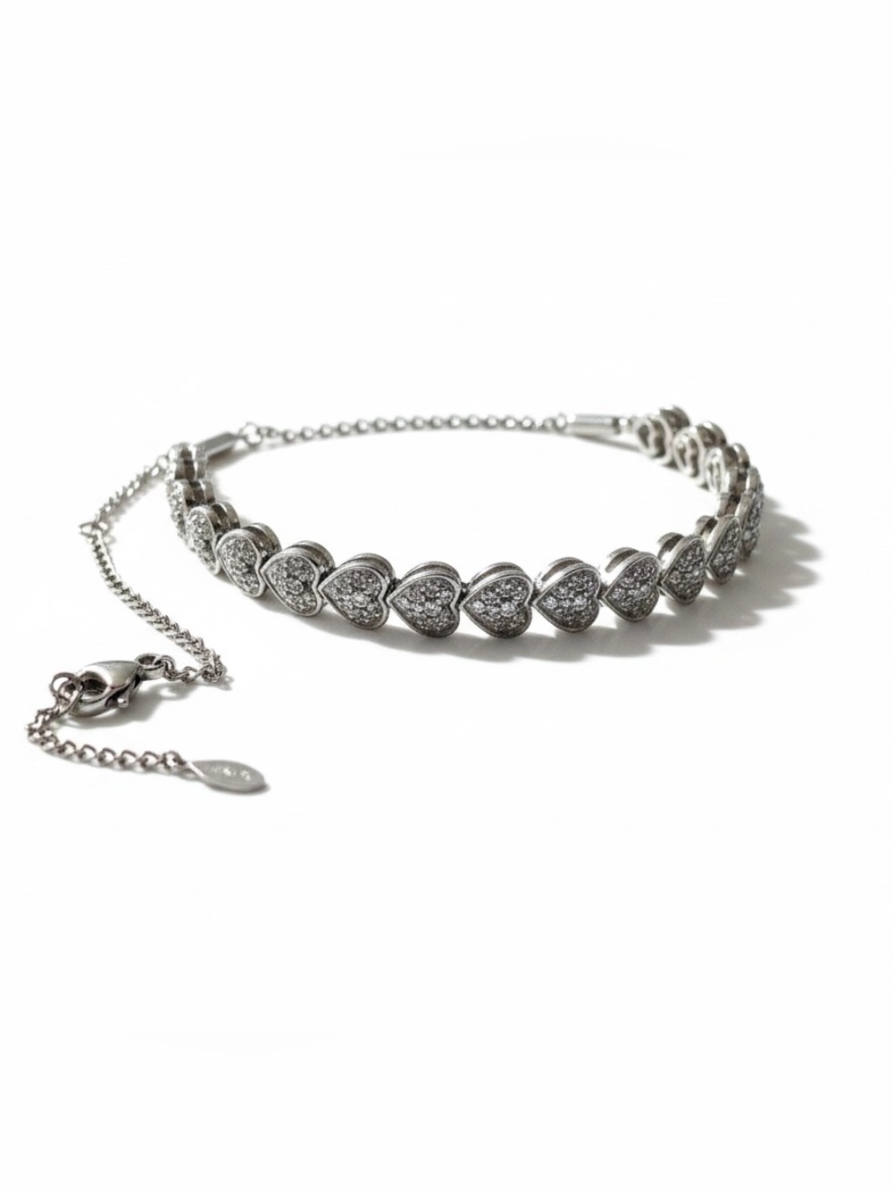 925 Sterling Silver w/ Art  Deco Pave Heart Setting Adjustable Chain Bracelet